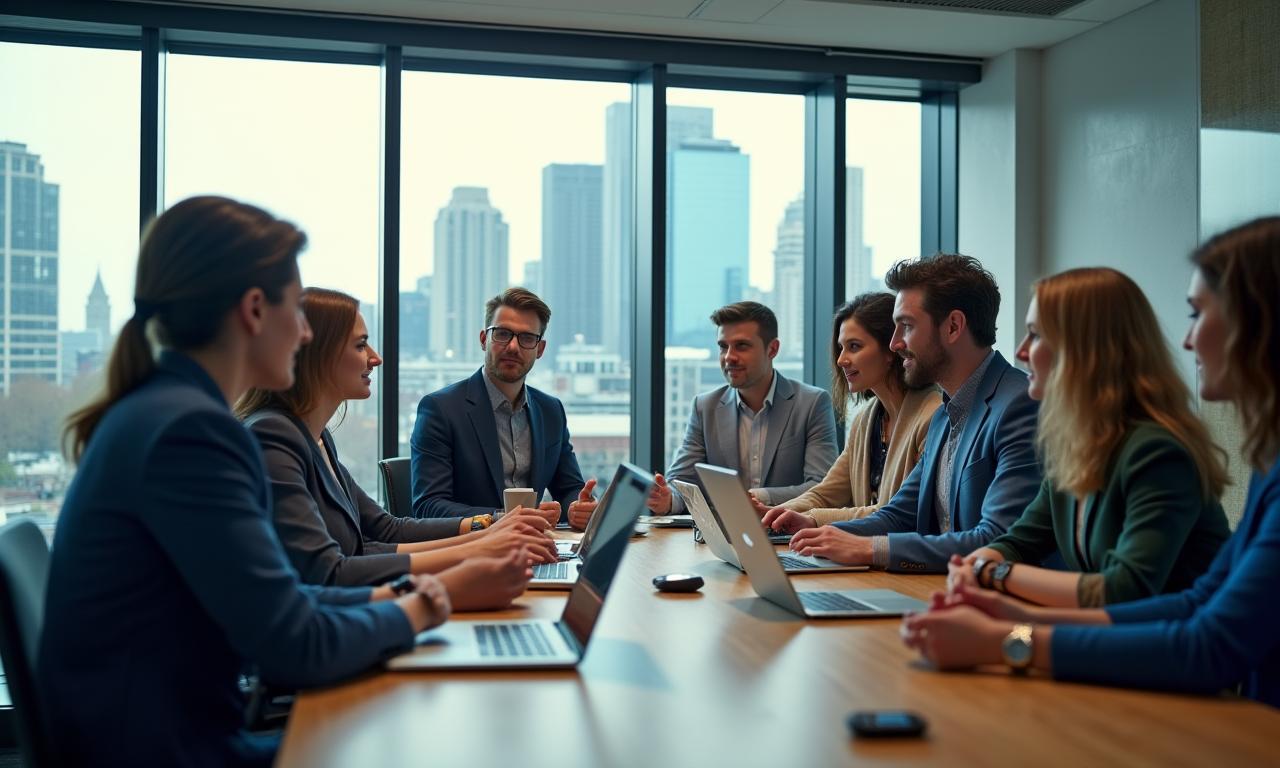 A diverse group of professionals collaborating in a modern London office with a view of the city skyline.