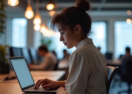 A focused professional working on a laptop in a modern co-working space.