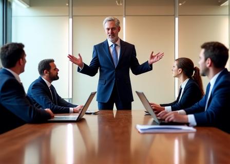 An executive leader confidently addressing their team in a boardroom.